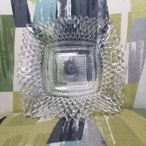 Vintage Indiana Glass Diamond Point Ruffle Edge Square Nut Candy Serving Dish